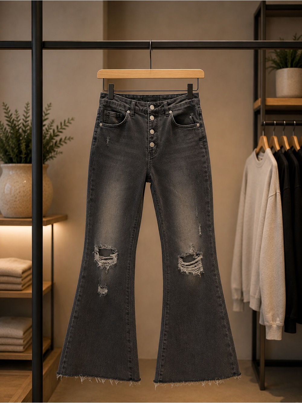 High-Rise Distressed Flare Jeans - Washed Charcoal